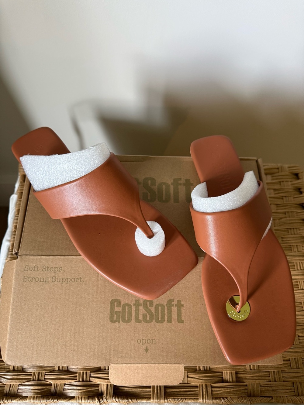 Women's Tan Square-Toe Thong Sandals